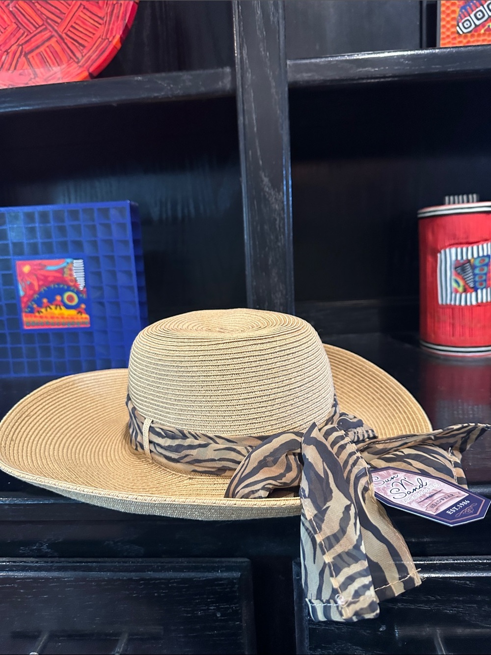 NWT Wide Brim Straw Sun Hat with Animal Print Scarf